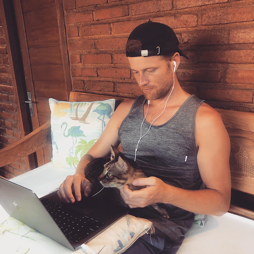 Will working on a laptop in Bali with a cat